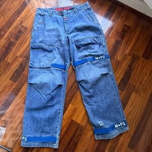Marithe Francois Girbaud Shuttle Tape Cargo Jeans Blue Baggy Wide Leg 36x31